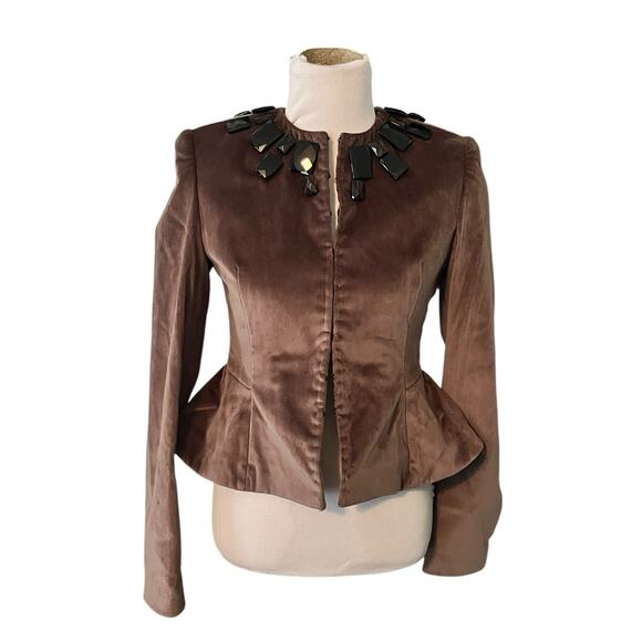 NORMAN AMBROSE Vintage Velvet Jacket •S•Brown Jeweled Blazer Brown Peplum Fitted - Picture 3 of 14